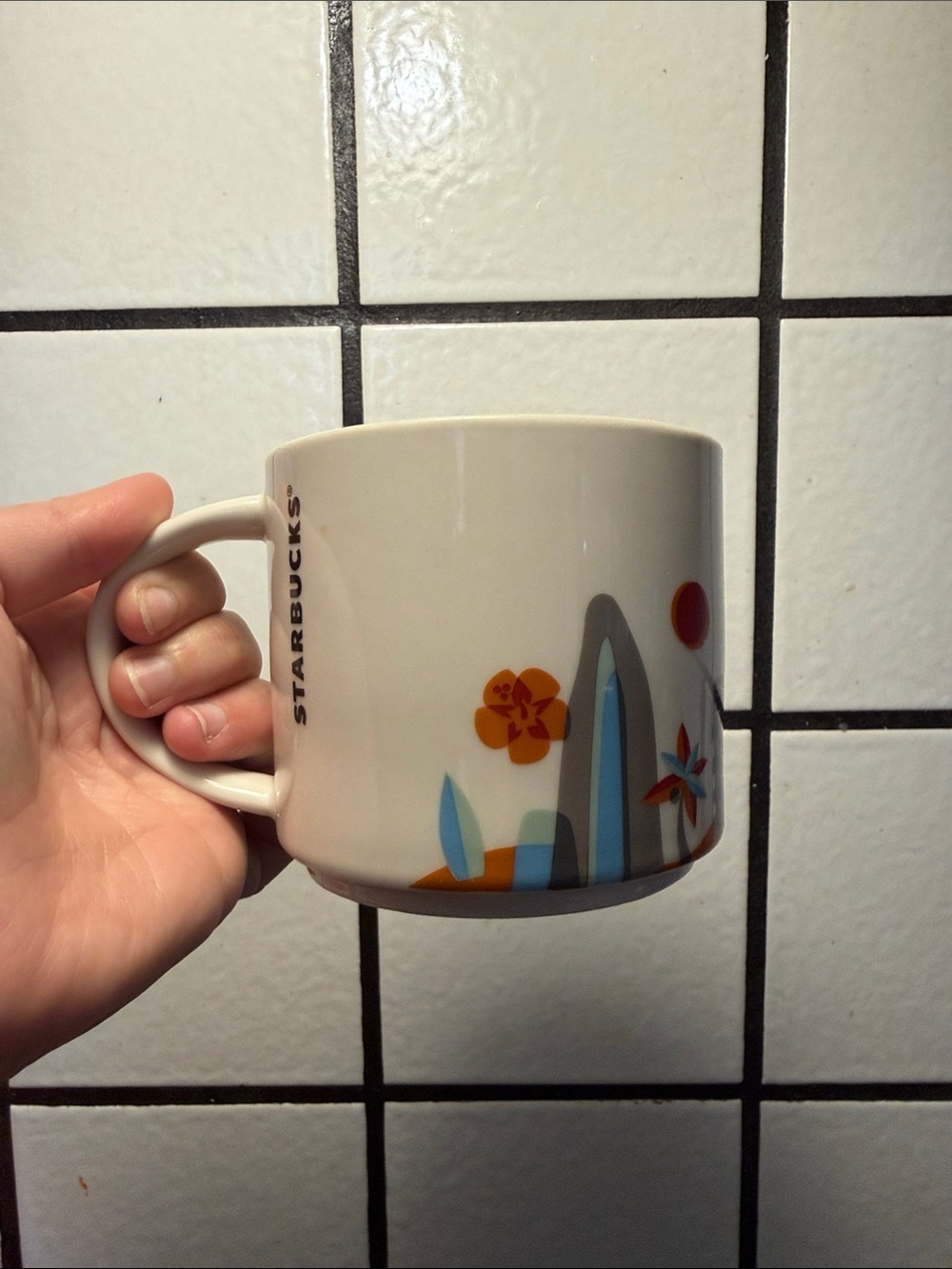 Starbucks Hawaii Mug with Orange and Blue Wave Design
